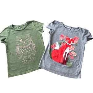 Two Tee Shirts Fox & Owl Size 8 Grey & Green